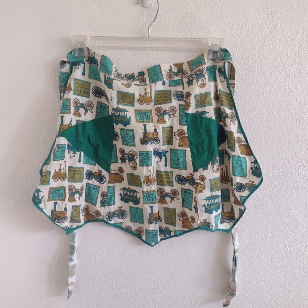 Vintage Waist Apron Handmade Cotton Triangle Pockets Green Car Train Railroad